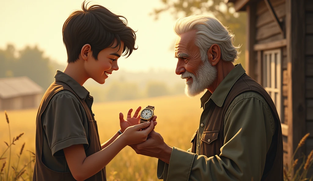 The son is giving a watch to the old farmer