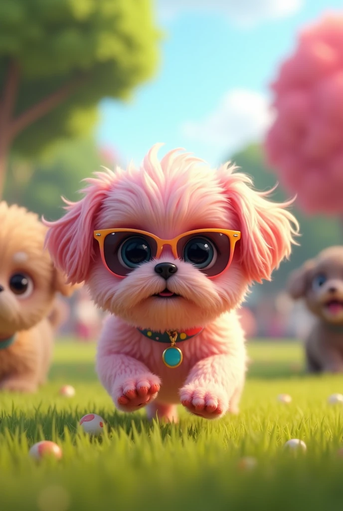 Adorable pink shih tzu puppy blue shih tzu with blue eyes wearing colorful collar and sunglasses playing at dog park 3D Pixar Style