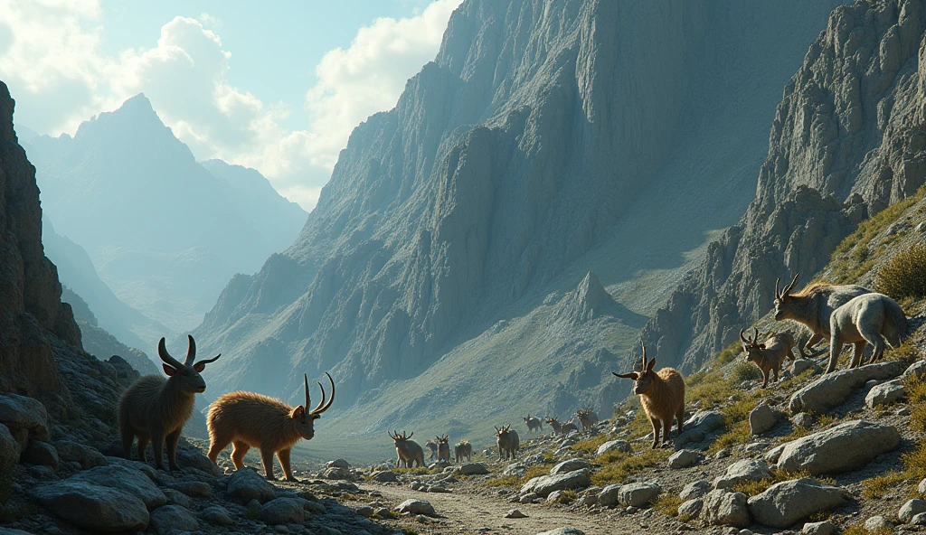 There is a steep mountain,There are different strange beasts on the mountain(best quality,4K,8k,High level,masterpiece:1.2),Ultra Detailed,(lifelike,Photo real,Photo real:1.37)