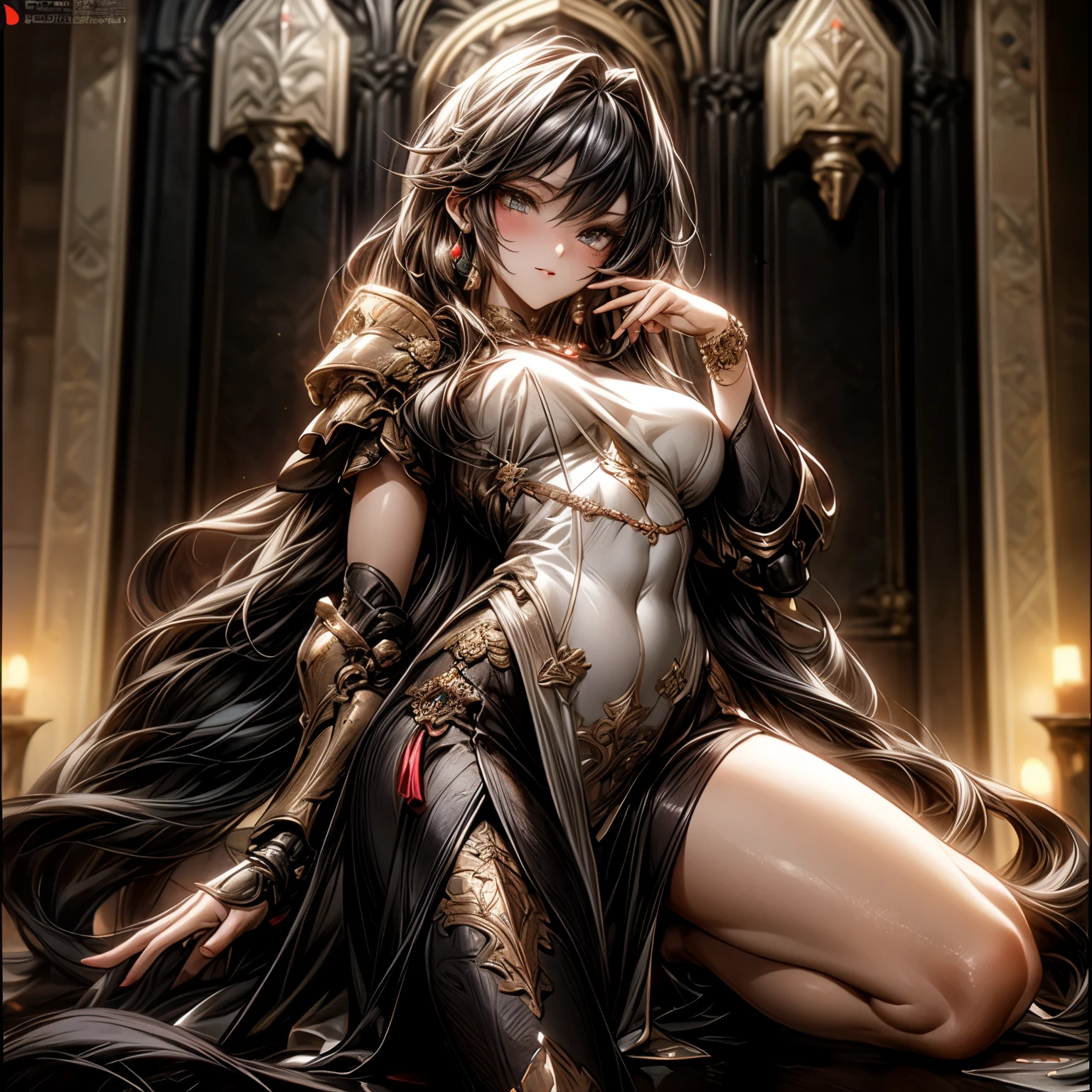(best quality)), ((Masterpiece)), (details:1.4), 3d, HDR (high dynamic range), an image of a beautiful cyberpunk female, Medieval, Black hair, Long hair, Full body, Beautiful white eyes, จมูกโด่ง, ปากแดง, หน้าอกใหญ่, nvidia RTX, PBR surface, After processing, Anisotropic filtration,depth of field, Maximum clarity and clarity, multi-layered surface, Subsurface scattering, perfect proportions, 8K raw files, ultra detailed, Perfect proportions, volumetric lighting, soft lighting, Holy Knight, Heavy Silver Armor, Golden dress, glossy skin, intricate Golden embroidery, Throne background, jewely, ต่างหู, นิ้วมือสมบูรณ์,