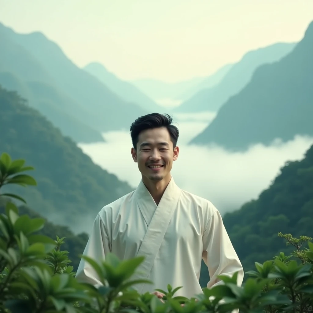 Long-range view， You can see Chinese style landscape， An Asian man，Young handsome，A peaceful and calm smile。 A Zen-like and peaceful practice，In the green mountains and green world，Light mist surrounds