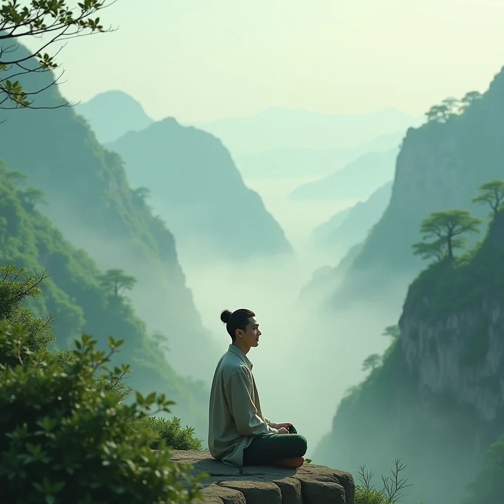Long-range view, You can see Chinese style landscape, An Asian man,Young handsome,A peaceful and calm smile。 A Zen-like and peaceful practice,In the green mountains and green world,Light mist surrounds