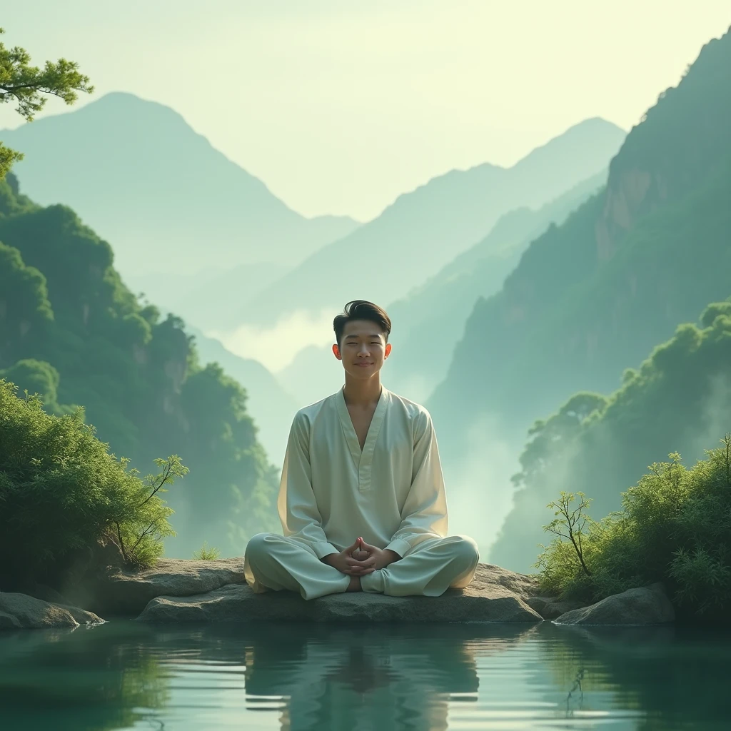 Long-range view, You can see Chinese style landscape, An Asian man,Young handsome,A peaceful and calm smile。 A Zen-like and peaceful practice,In the green mountains and green world,Light mist surrounds