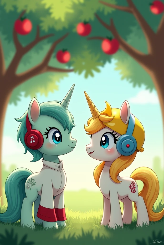 Male Alicorn Pony Mint Green Coat Skin Type with White Freckles,light green hair with blue streaks and blue eyes; white sweatshirt with red sleeves,red gamer headphones; music note cutemark. Winged a female alicorn pony with yellow hair and a yellow tail,White fur,big yellow bow on the nape of the neck,yellow helmets,light blue eyes; dress with short yellow skirt. Lovers in a field in front of an apple tree. 2D anime style image