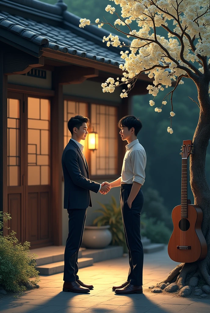 From a bit higher Two young men don&#39;t wear night bags quietly meet shaking hands in front of a village house ,a wooden house with dim lighting, there is a guitar hut near his house and there is a jasmine tree near the house of one of the young men 