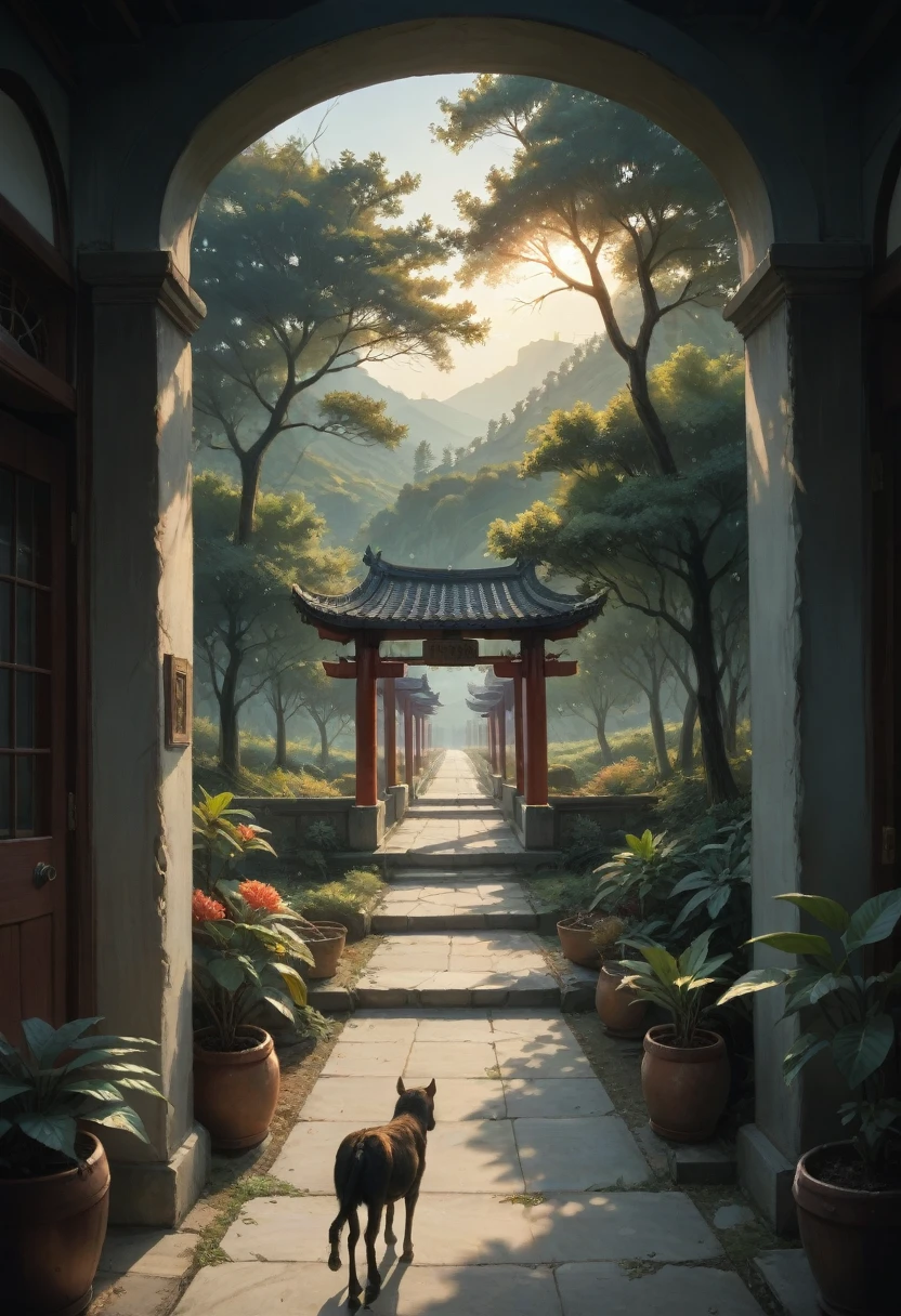 A picture, depicting a walking person., with very detailed Chinese classic doors and plants, mysterious background, Multi-layered sky, Red and black, Backlight, Traditional Chinese landscape style, A new tradition, Eastern style, James Terrell, Plants are the story of Nagai, Fan Kuan's Style, A creepy reality, and cunning. I can't believe it, how beautiful is this. Symmetrical composition, grand scale, active use of negative space, Face up, Single-point perspective, Realistic ultra details, 8 K, a high resolution