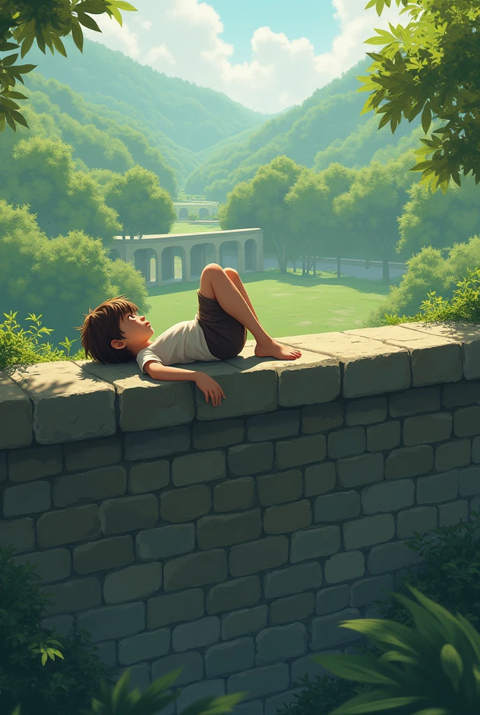 A boy lying on a wall