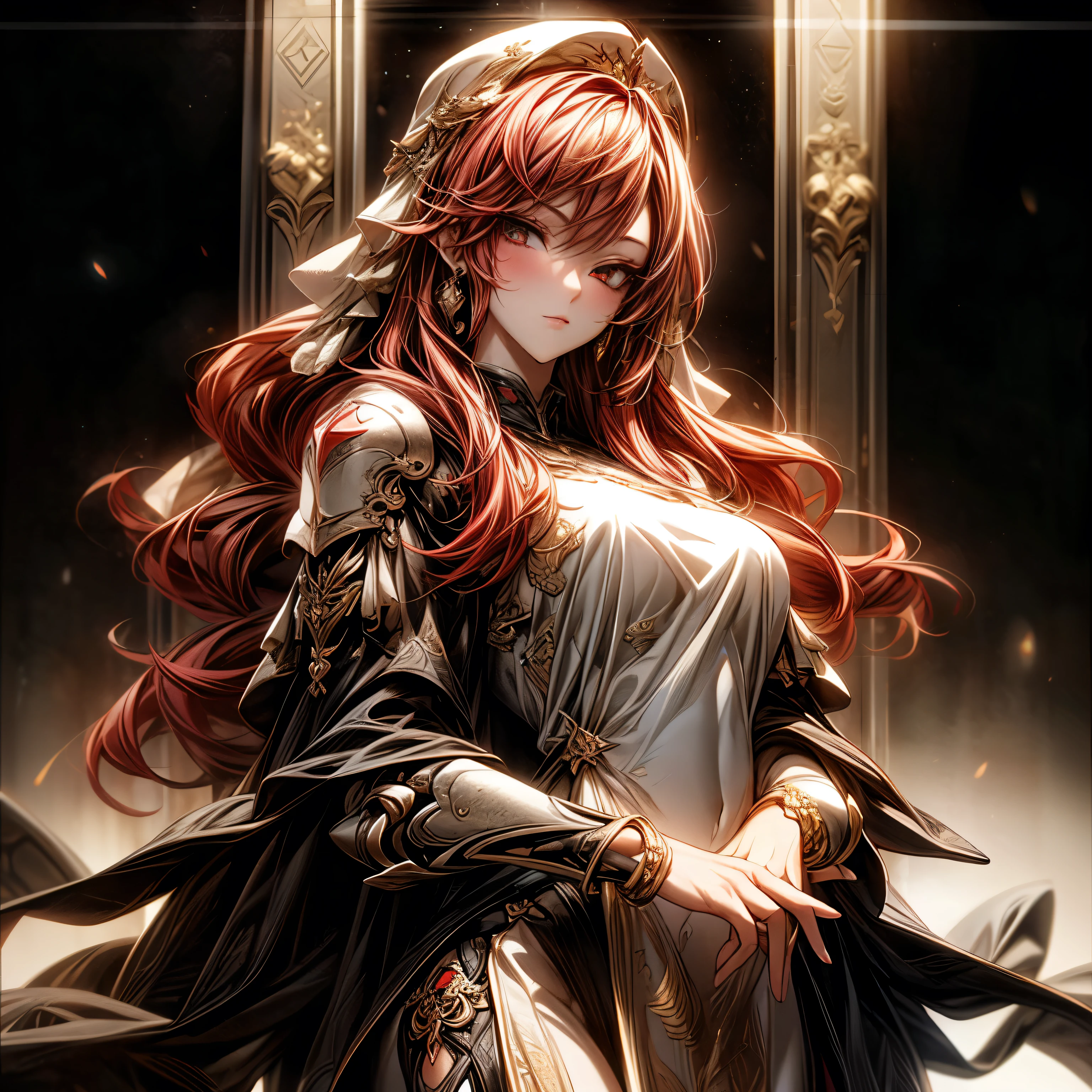 (best quality)), ((Masterpiece)), (details:1.4), 3d, HDR (high dynamic range), an image of a beautiful cyberpunk female, Fantasy, Red hair, Long hair, Full body, Beautiful white eyes, จมูกโด่ง, ปากแดง, หน้าอกใหญ่, nvidia RTX, PBR surface, After processing, Anisotropic filtration,depth of field, Maximum clarity and clarity, multi-layered surface, Subsurface scattering, perfect proportions, 8K raw files, ultra detailed, Perfect proportions, volumetric lighting, soft lighting, Holy Knight, Heavy Silver Armor, Golden dress, glossy skin, intricate Golden embroidery, Throne background, jewely, ต่างหู, นิ้วมือสมบูรณ์,