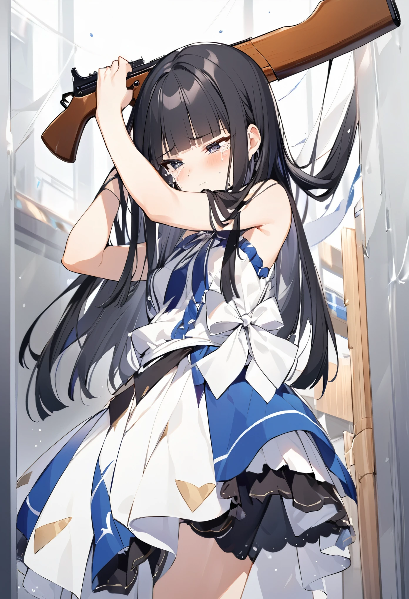 sad顔、Put your hand over your mouth、Crying face、Whimpering、sad、idol、rifle、Tying up hair、gun、Virtual Character ,Black Hair、blunt bangs、Straight Hair, face, 1 female,sexly,