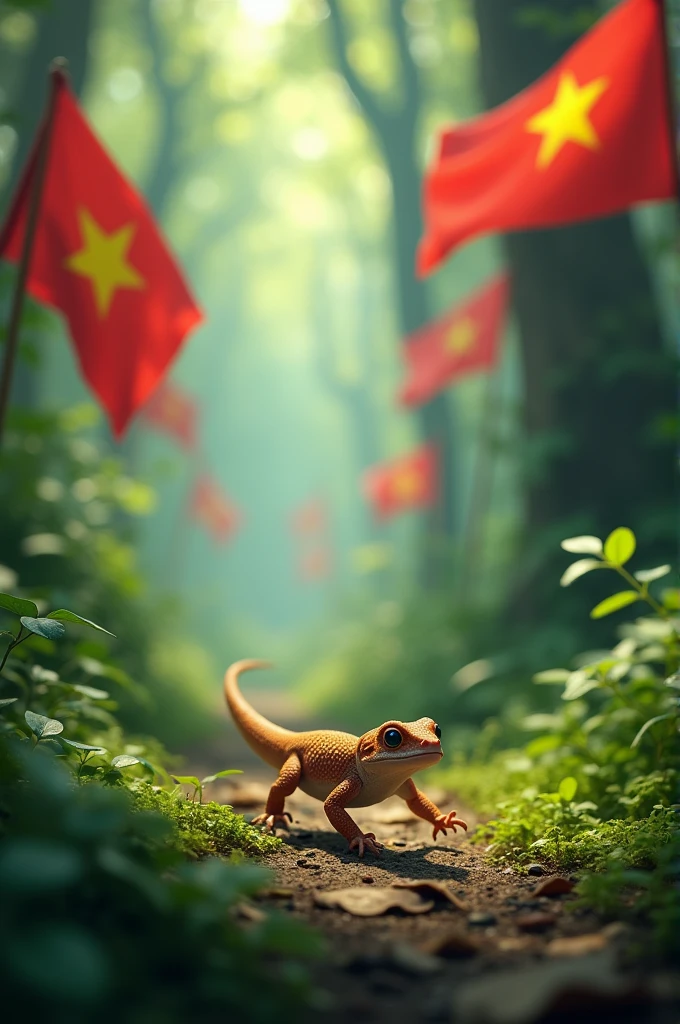 Gecko running in the forest of Vietnamese flags