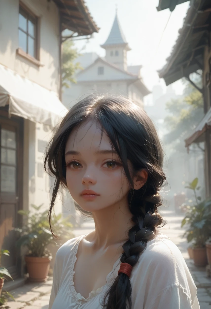 ((1 girl)),((Building)), braided bangs,braided ponytail,(One:1.2), black hair, 16 years,I look at the viewer, Sun Ray,Hanfu, Chentian,