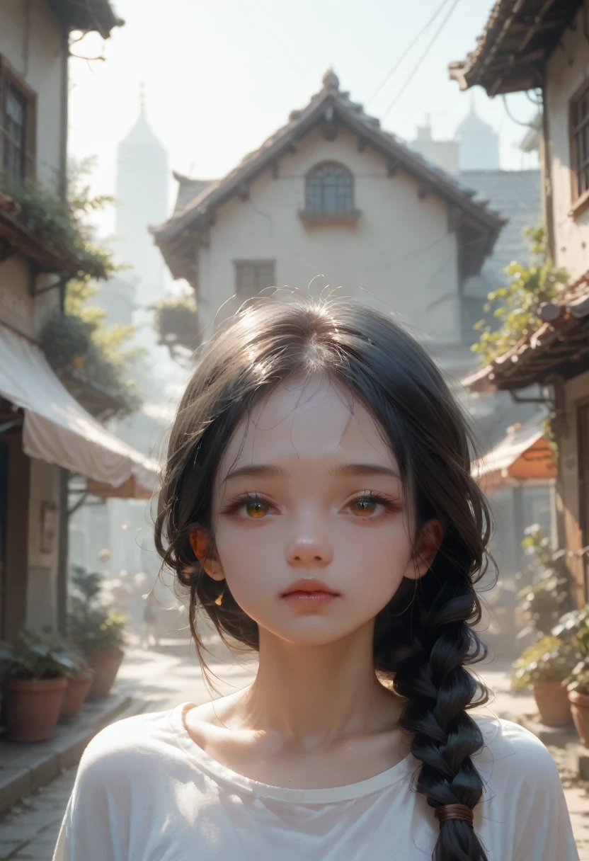 ((1 girl)),((Building)), braided bangs,braided ponytail,(One:1.2), black hair, 16 years,I look at the viewer, Sun Ray,Hanfu, Chentian, 