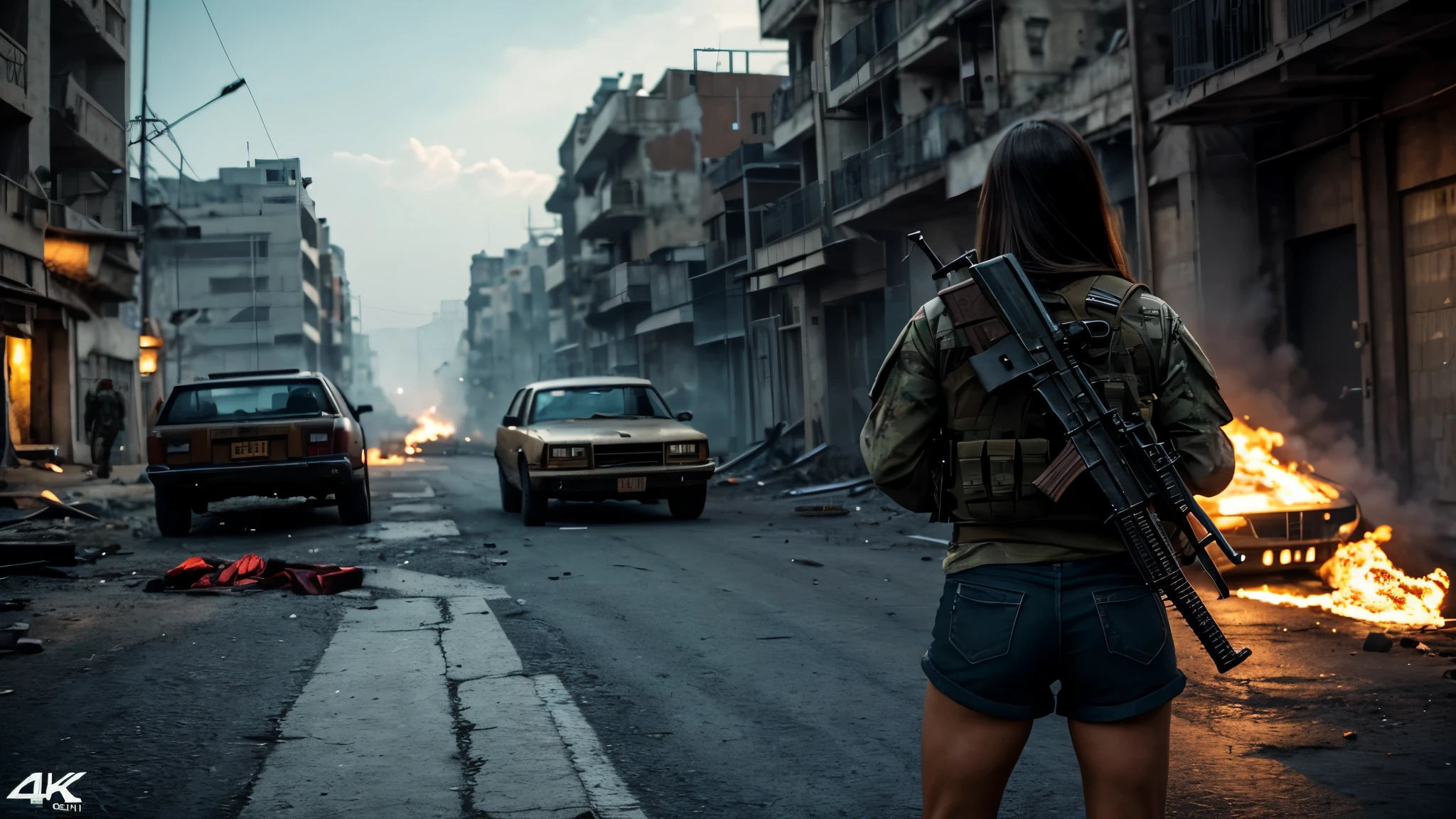 beautiful detailed girl, 1girl, ak47, big ass, shorts, back pose photo, enemies with guns, long hair, city, cars, bomb blasts, white skin tone, (best quality,4k,8k,highres,masterpiece:1.2),ultra-detailed,(realistic,photorealistic,photo-realistic:1.37),concept art,cinematic lighting,dramatic lighting,vivid colors,cinematic,action scene,war,military,post-apocalyptic,dystopian
