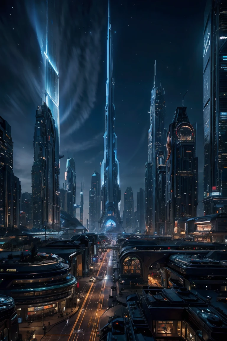 Snowy winter, The futuristic city is twinkling with lights in a Christmas atmosphere, a large Christmas tree, Realistic photo, A view of the futuristic Spinks airport looking down from the control tower, There is a futuristic city near the airport surrounded by the sea, There is an alien planet in the sky and spaceships are flying around , The overall scenery is like the Protoss planet from the StarCraft game, Battle Cruise in flight, fantasy scenery, 32k UHD high resolution, highres, professional photography, intricate details, masterpiece, perfect anatomy, cinematic angle , cinematic lighting, cinematic view, wide shot