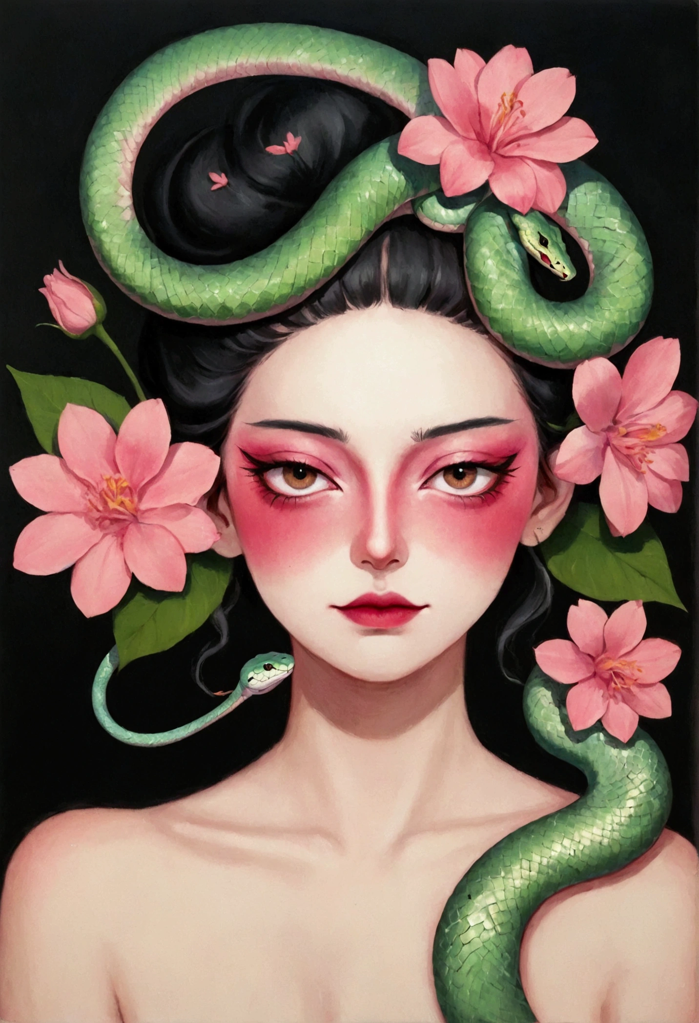 A beautiful girl,A painting with a pink flower on the head, Snake Face Woman, Ms. Entropy,