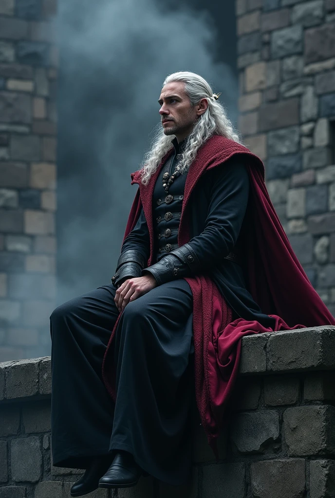 A Handsome Targaryen Prince with long Curly silver hair and lilac pale purple eyes. He's wearing a royal silky black costume with Red details. He's sitting on wall of Balcony of Dragonstone castle made of grey stones,dark fog and smoke background