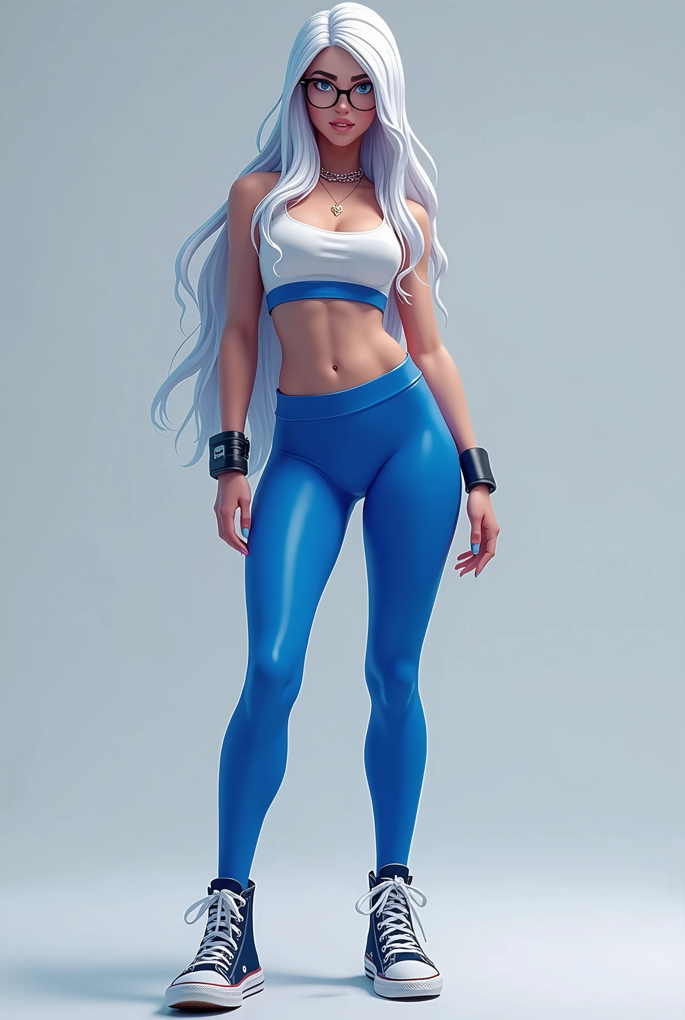 fortnite style girl, long white hair, Broad Hips, blue colored eyes, Wearing allstar sneakers, glasses, top azul cobalto sexy legging preta justa, fully body
