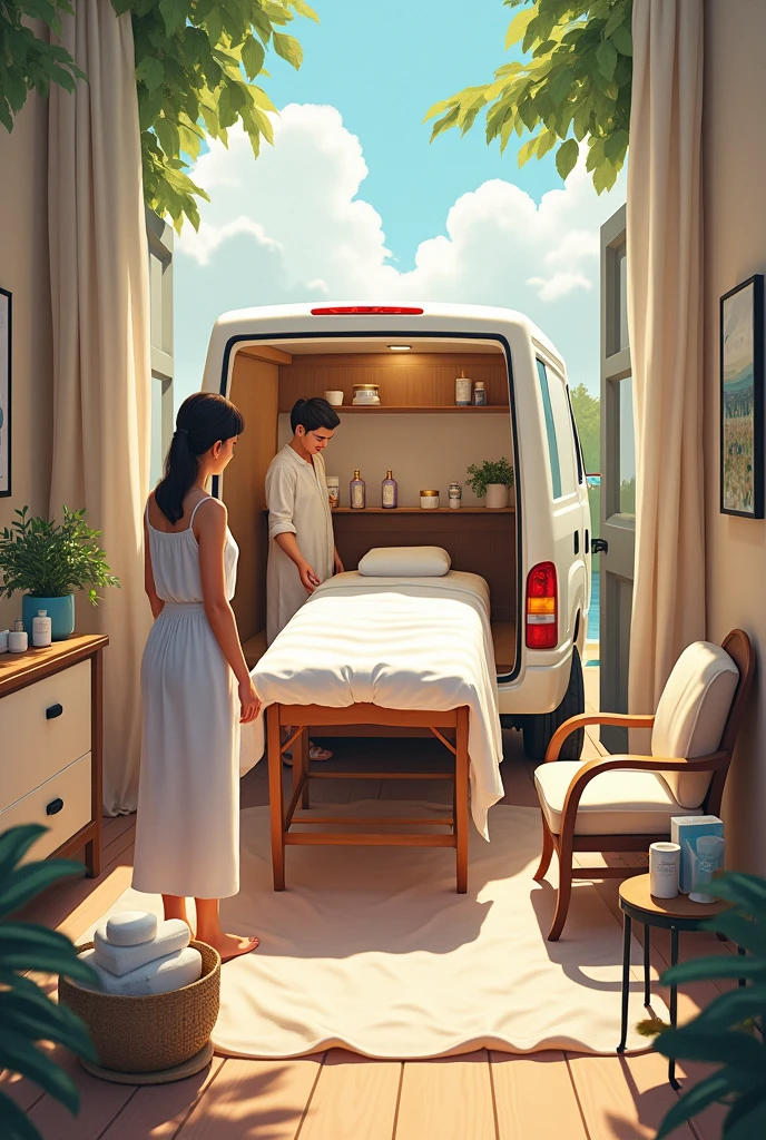 "Illustrates a home spa vehicle with spa items being unloaded. It shows people setting up a massage table and a comfortable chair inside a house, transforming space into an oasis of luxury."
