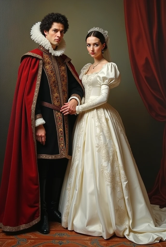 An oil painting of Anne Boleyn wearing full white wedding gown standing with king henry from the other Boleyn girl