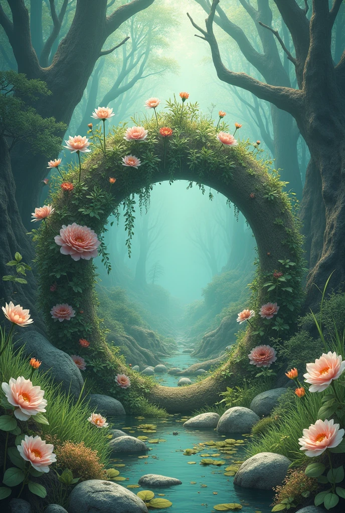 Celluloid style,Japanese anime style,With flowers,Bone,Grass,Dead Branches,The ring composed。{The focus of the composition is on the outside of the ring:1.4},{There is a large blank space in the middle of the ring:1.4}