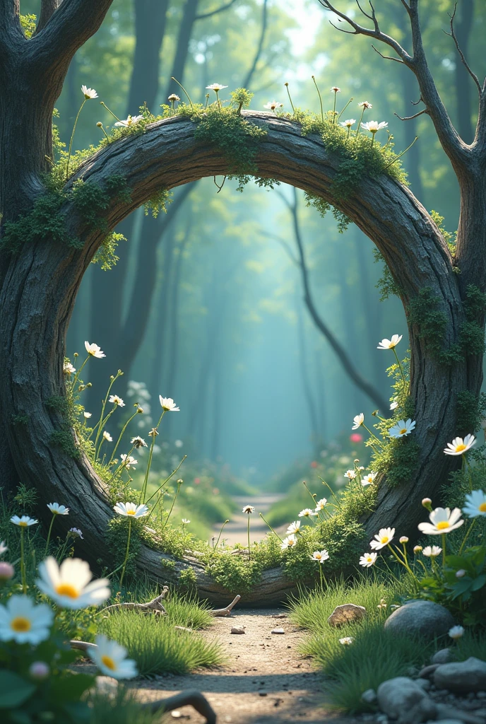 Celluloid style，Japanese anime style，With flowers，Bone，Grass，Dead Branches，The ring composed。{The focus of the composition is on the outside of the ring:1.4},{There is a large blank space in the middle of the ring:1.4}