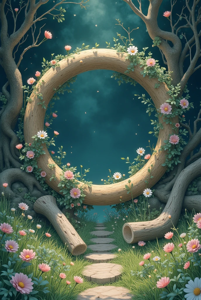 Celluloid style,Japanese anime style,With flowers,Bone,Grass,Dead Branches,The ring composed。{The focus of the composition is on the outside of the ring:1.4},{There is a large blank space in the middle of the ring:1.4}