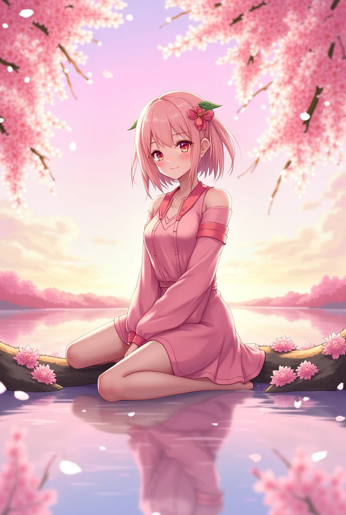 sakuramiku, upper body, smile, blush, sitting, ((cherry blossoms)), ((pink sleeve)), pink tone, ((pink stockings)), pink sky, sunset, lake, reflection