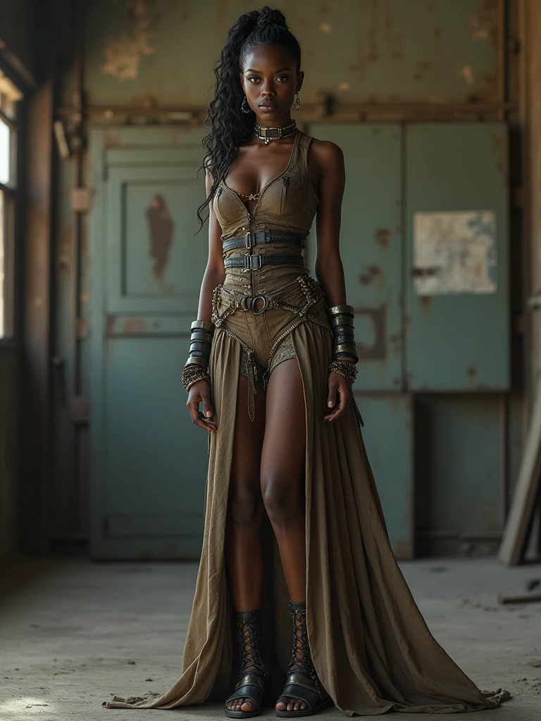 HUGE ASS, extreme protrusion, Protruding Ass paired with slender stomach ting waist, gear: belts clasps buckles in the details, dark skin: dark melanin Women, subject poses from the front side, eloquene bathed in elegance, linen apparel, post apocalyptic room, metallic long fabric, no nsfw
