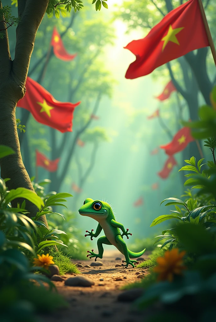 Green gecko running in the forest of Vietnamese flags