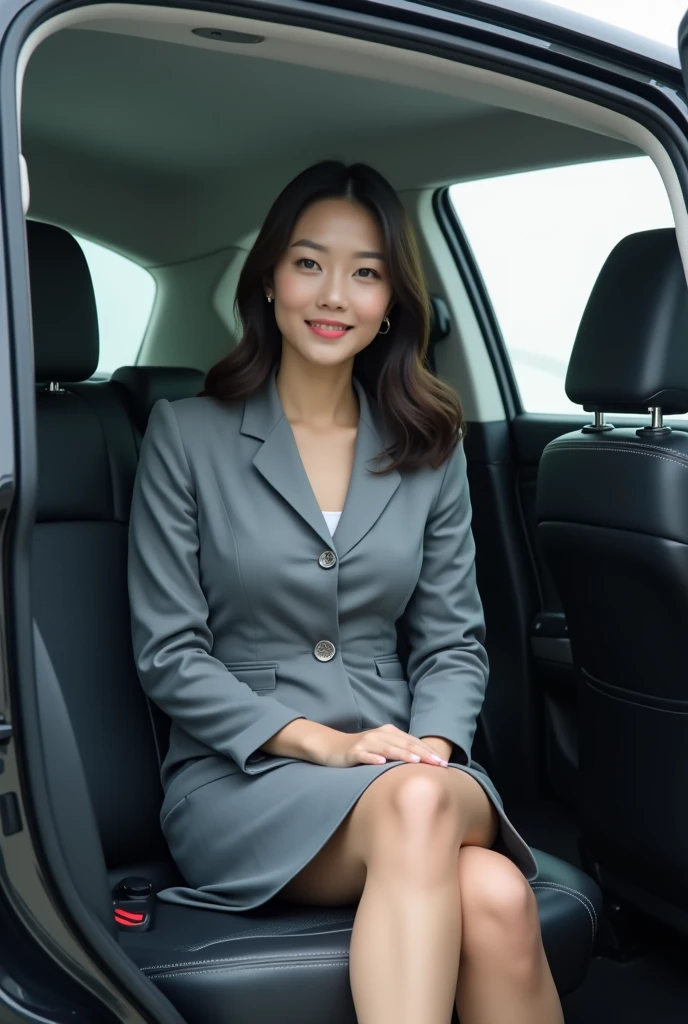 Company car,Woman in a suit,Grey suit,skirt,20th Generation,Japanese women,Passenger seat of a car,Light vehicle,Sitting in a car seat