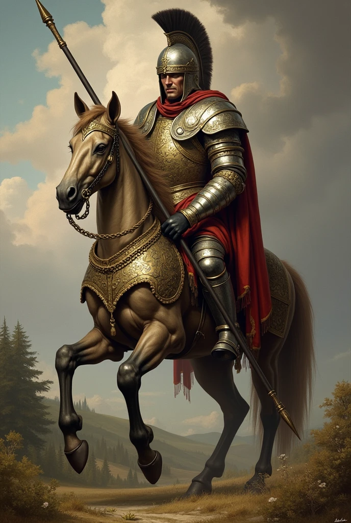 The Centaur, heraldic horse robe, long spear, battle helmet, medieval painting, portrait,