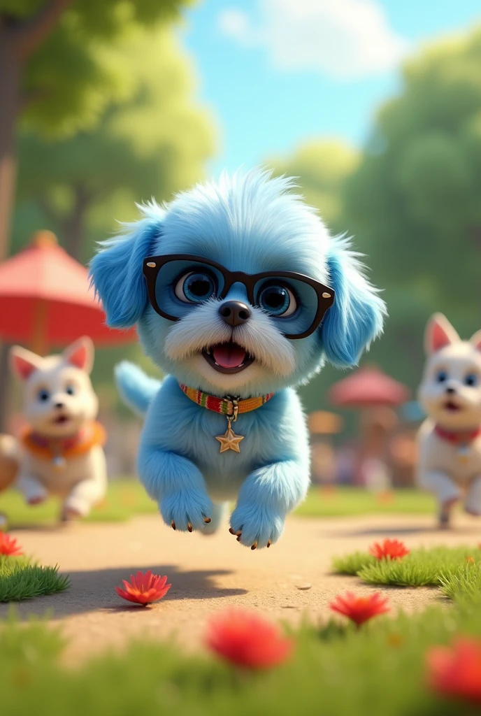 Adorable blue shih tzu puppy blue shih tzu with blue eyes wearing colorful collar and sunglasses playing at dog park 3D Pixar Style