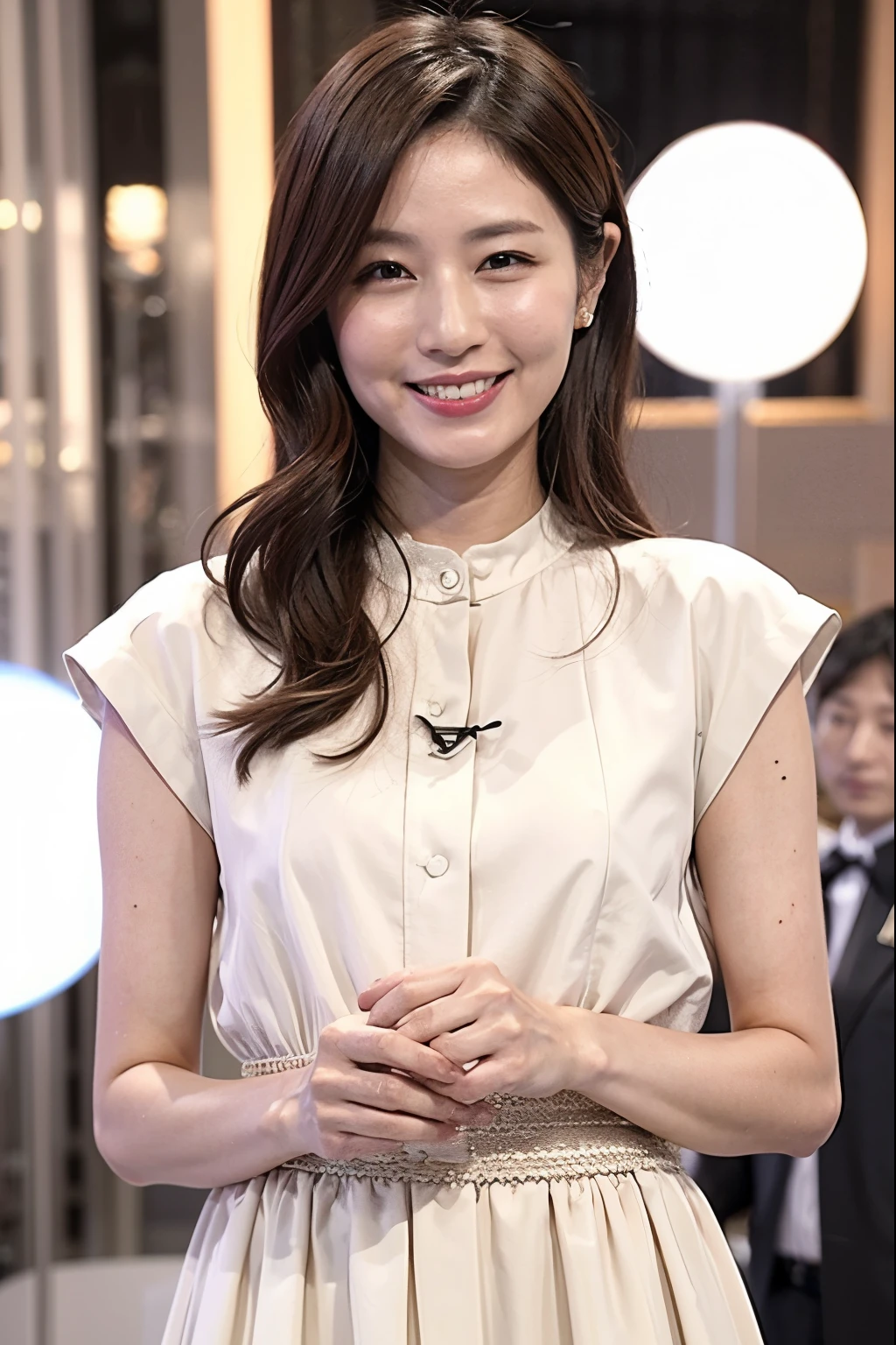 (White、Tank top)Close-up, masterpiece, highest quality, Complete Anatomy、Raw photo, Photorealistic、(Cute Face:1.5)、(Very cute smile:1.6)、(Round face:1.9)、(She has a cute face like an idol、Double teeth:1.3)、 Depth of written boundary, High resolution, Ultra-detailed, In detail, Very detailed, Very detailed目と顔, Realistic students, Sharp focus, Cinema Lighting、39-year-old woman、(One Woman、solo)、 (Black-haired)、short hair、Curly Hair、Straight Bangs、Very detailed8k壁紙、Pleated skirt、Please show me your whole body、(Puffy Panties:1.2)、Light-colored cute panties、White Sox、(Panties visible from under the skirt、Lift up the hem of your skirt with both hands、show panties to camera、The panties are digging into the pubic area.、Vertical lines are visible)、standing、Angle from below、(太もものClose-up)、(Good balance、Large bust、Big breasts, small waist)、Depth of written boundary、Background blur、Nipples、Nipplesポチ