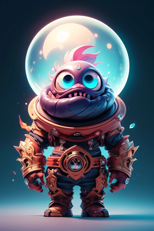 Create a monster image, a small, big-headed, baby monster.. The body is transparent and can be seen through. The image is sharp and detailed., with beautiful colors.. With arms, leg, eyes, mouth, พื้นหลังสีlegว