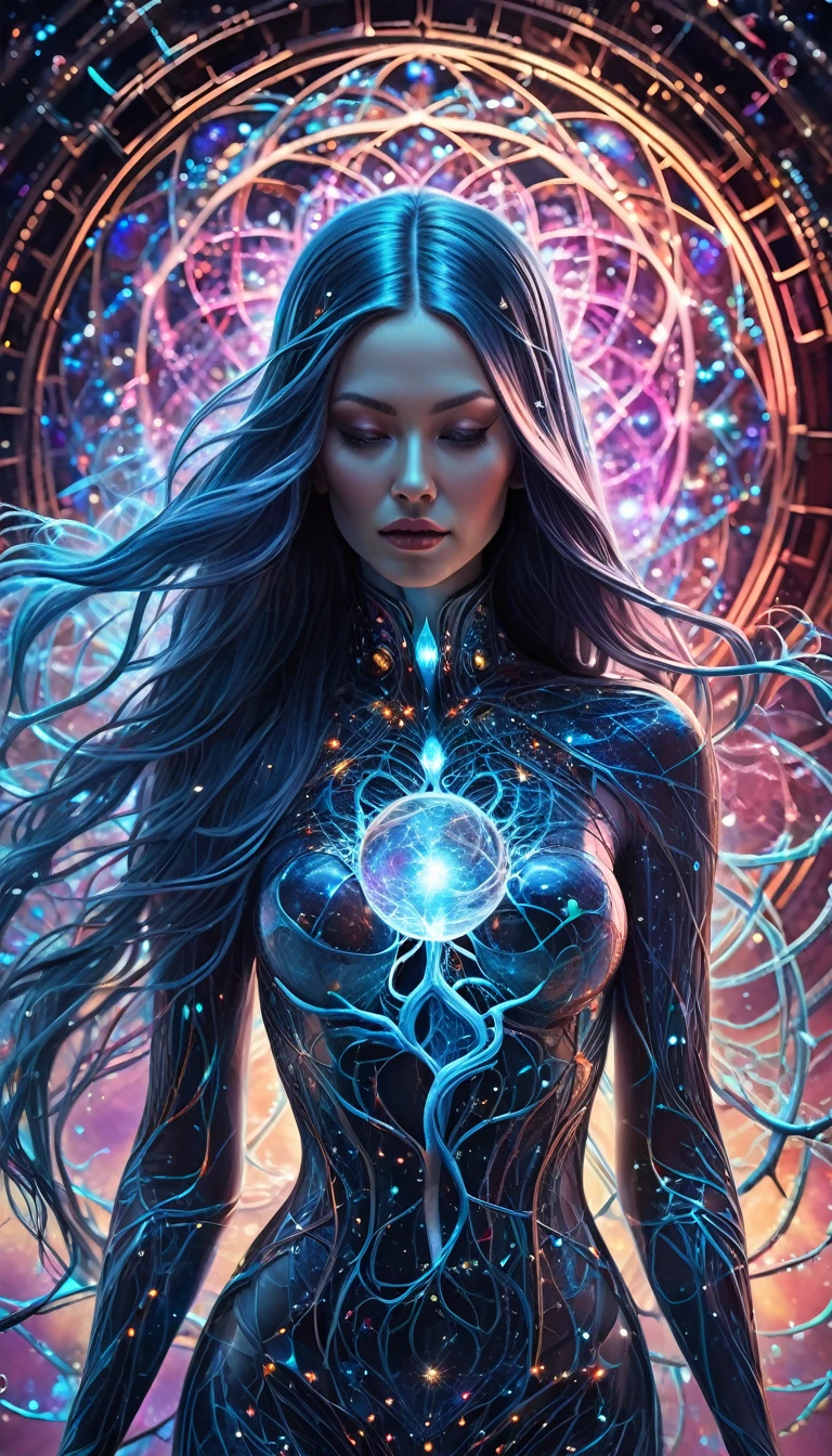 work of art, best qualityer, ultra-high resolution, extremely detaild, (psychedelic art:1.4), Woman, veil, visually stunning, great, award-winning illustration, cosmic space background, ethereal atmosphere, ultra quality, great girl, cosmic concept, 3D Hologram Cables, Transparent skin, mother of pearl veins, that grow from the darkness and intertwine, nailed wire, Thick blue blood dripped from him, crisp neon, Veins grow and pump blood, Vascular networks grow, 3D hologram with glowing crystal veins everywhere, Yin e Yang, bright space, shining stars, infinity symbol