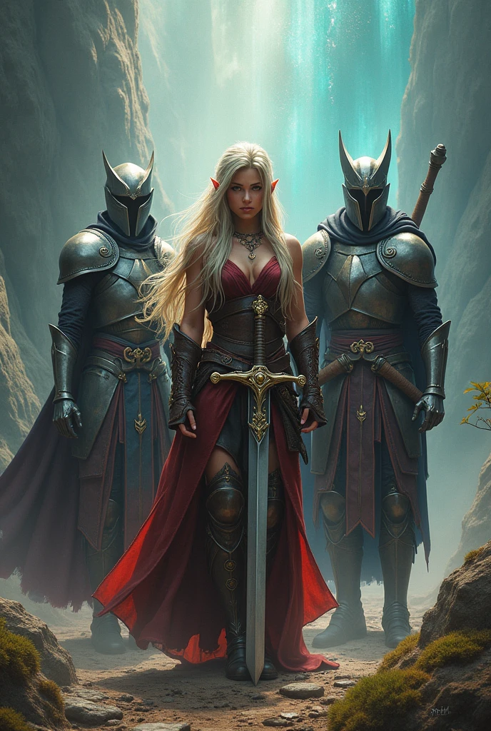 Final Fantasy game theme. Image of a 3 elf with tanned hair standing holding her favorite sword., He wore heavy armor of shining steel, mystical colors and dramatic tones. A masterpiece with the highest resolution, Surrealist image type