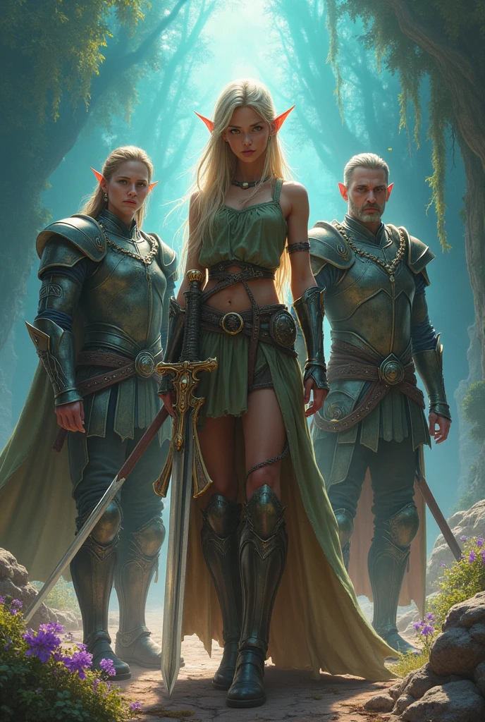 Final Fantasy game theme. Image of a 3 elf with tanned hair standing holding her favorite sword., He wore heavy armor of shining steel, mystical colors and dramatic tones. A masterpiece with the highest resolution, Surrealist image type