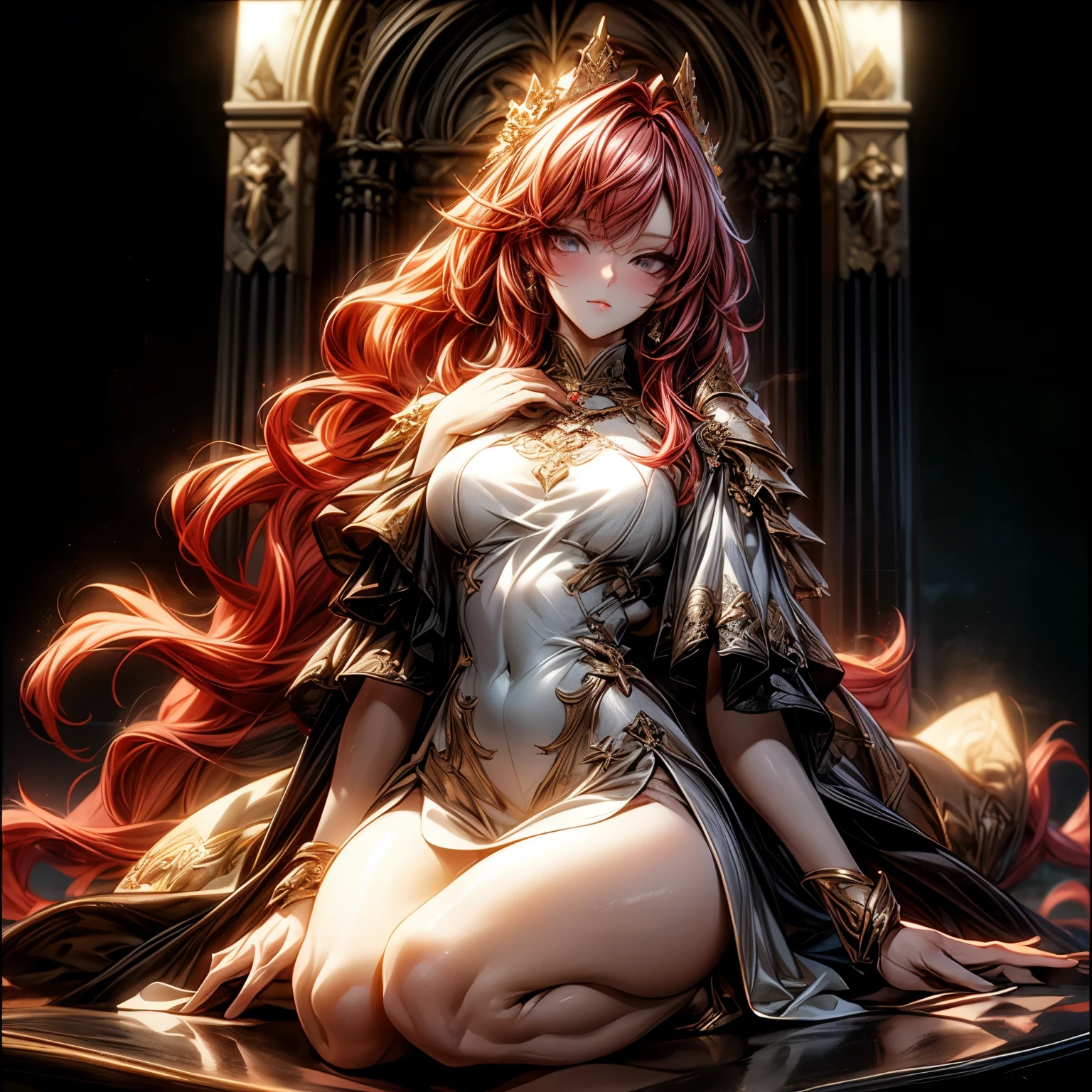 (best quality)), ((Masterpiece)), (details:1.4), 3d, HDR (high dynamic range), an image of a beautiful cyberpunk female, Medieval, red hair, Long hair, Full body, Beautiful white eyes, จมูกโด่ง, ปากแดง, หน้าอกใหญ่, nvidia RTX, PBR surface, After processing, Anisotropic filtration,depth of field, Maximum clarity and clarity, multi-layered surface, Subsurface scattering, perfect proportions, 8K raw files, ultra detailed, Perfect proportions, volumetric lighting, soft lighting, Holy Knight, Heavy Silver Armor, Golden dress, glossy skin, intricate Golden embroidery, Throne background, jewely, ต่างหู, นิ้วมือสมบูรณ์,