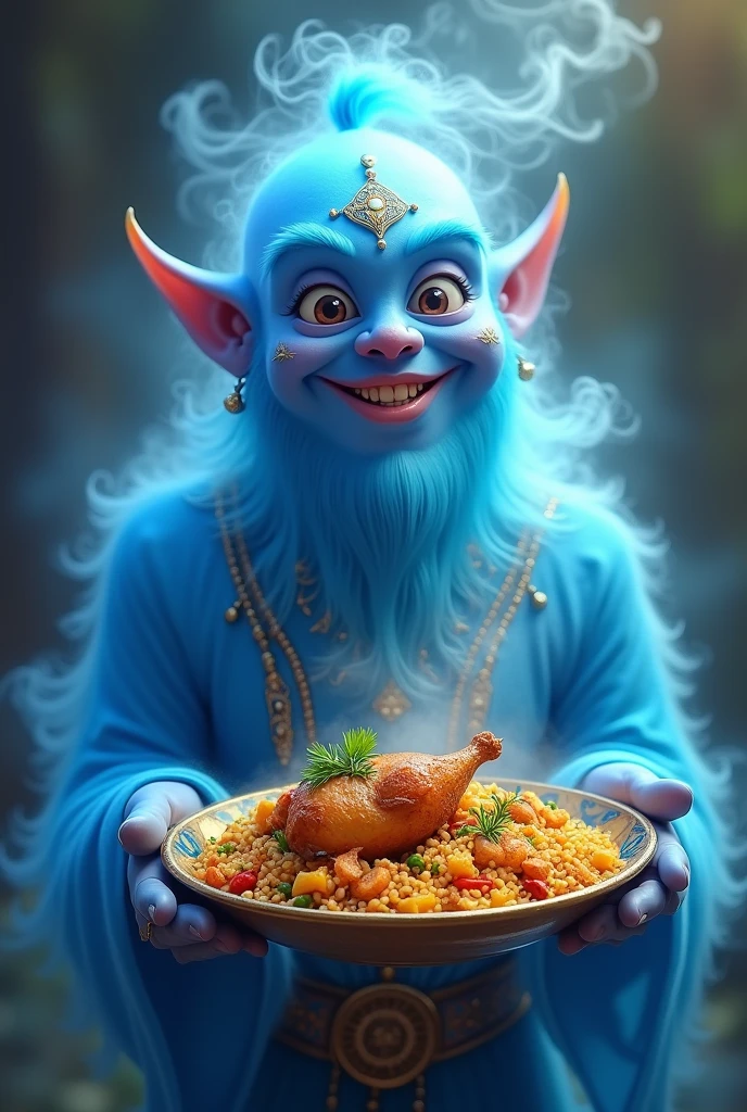 Smiling blue Geni holding biriyani with chicken peice