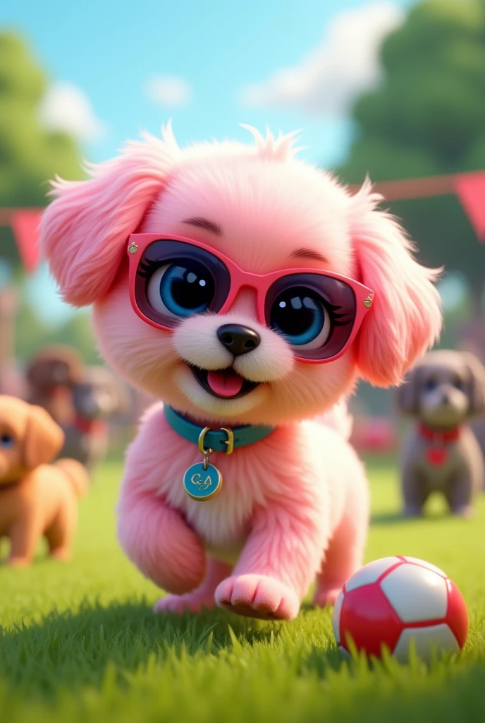 Adorable pink shih tzu puppy with blue eyes wearing colorful collar and sunglasses playing at dog park 3D Pixar Style