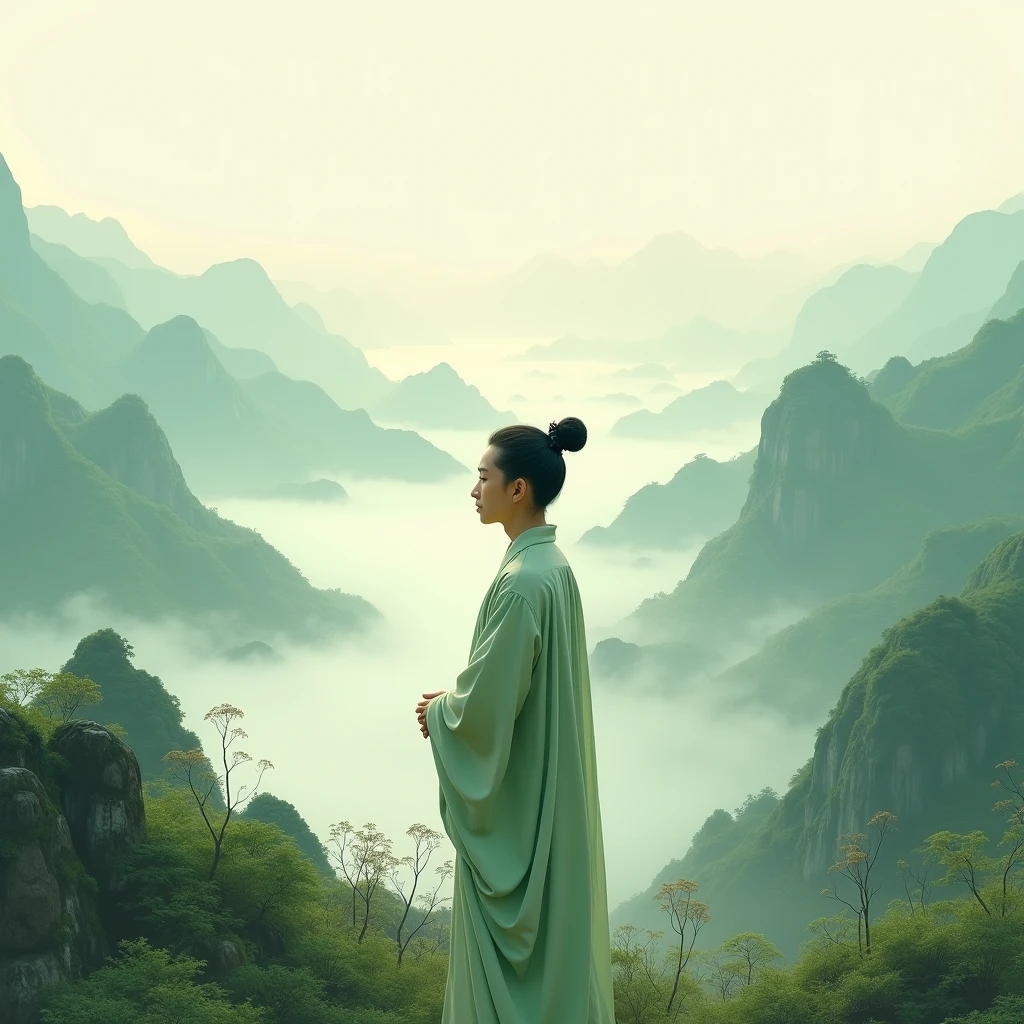 Chinese painting, Song Dynasty Style。 Long-range view, You can see Chinese style landscape, An Asian man,Young handsome,A peaceful and calm smile。 A Zen-like and peaceful practice,In the green mountains and green world,Light mist surrounds