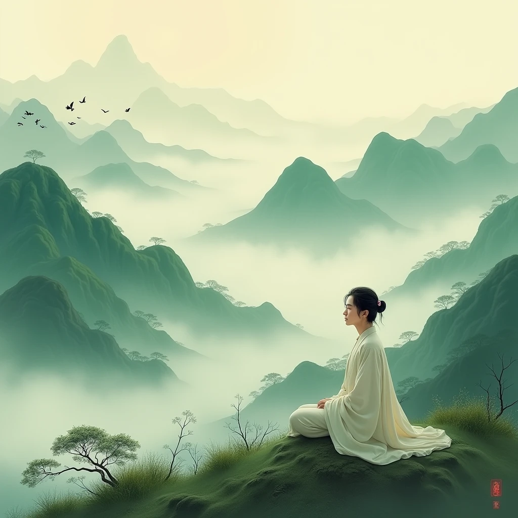 Chinese painting， Song Dynasty Style。 Long-range view， You can see Chinese style landscape， An Asian man，Young handsome，A peaceful and calm smile。 A Zen-like and peaceful practice，In the green mountains and green world，Light mist surrounds