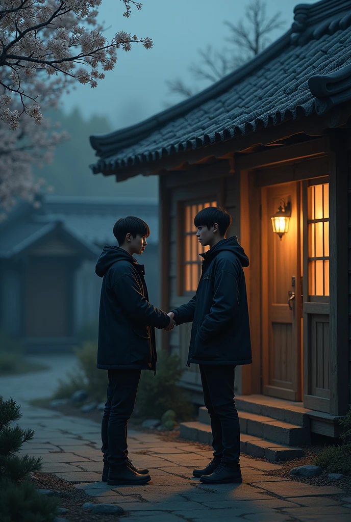 From a bit higher Two young men in dark jackets don&#39;t wear night bags quietly meet shaking hands in front of a village house ,a wooden house with dim lighting, there is a guitar hut near his house and there is a jasmine tree near the house of one of the young men 