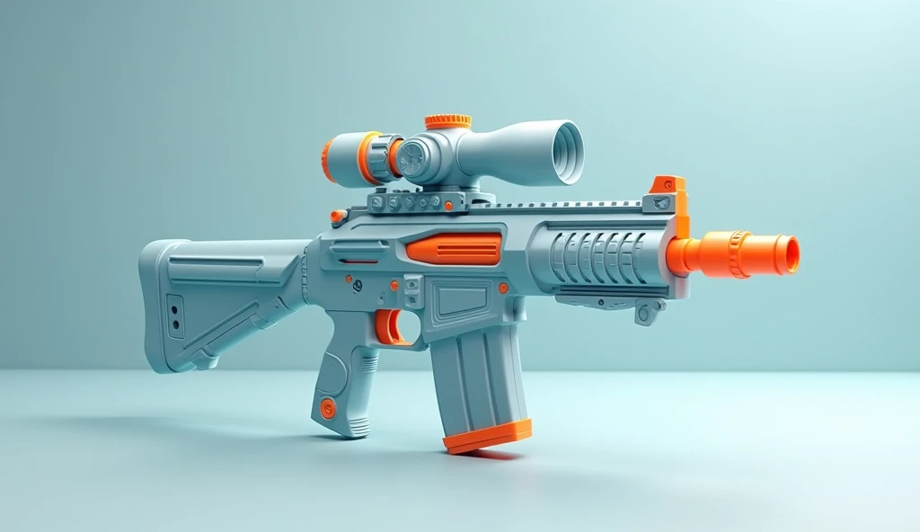 Mini double water gun toy,Integrated rifle mount,Q version,Simple surface pattern,Transparent magazine and scope recessed,(Similar structure to M416),(Double muzzle:1.3),Smooth lines,Plastic material,Three-color Morandi color matching,high quality,Professional Product Photography,Table background,3d, OC Rendering,8K,