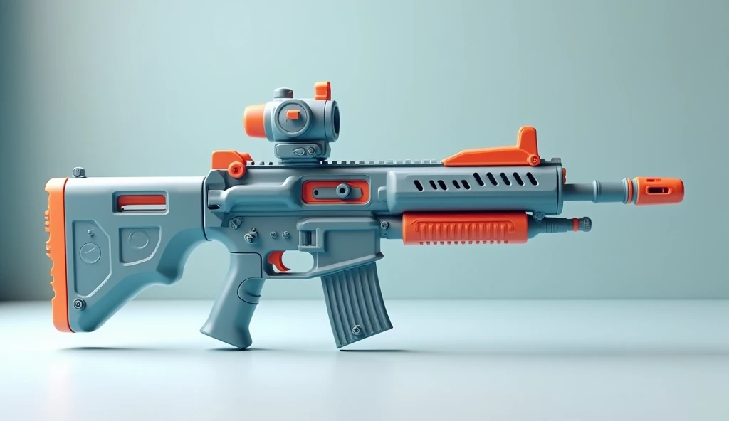 Mini double water gun toy，Integrated rifle mount，Q version，Simple surface pattern，Transparent magazine and scope recessed，(Similar structure to M416)，(Double muzzle:1.3)，Smooth lines，Plastic material，Three-color Morandi color matching，high quality，Professional Product Photography，Table background，3d, OC Rendering，8K，