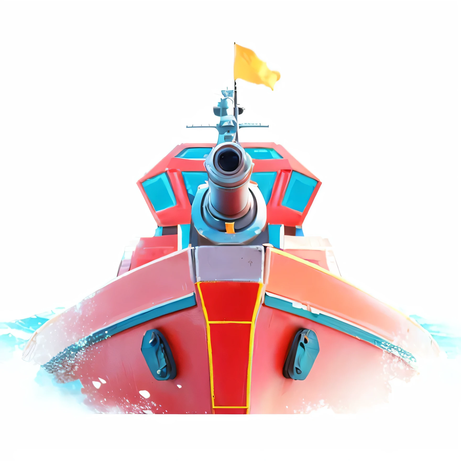 a red small boat with a yellow flag on the top, military ships, military ships, top-class yacht simulator, naval battles, naval battles, naval battles, epic naval battles, top-tier tanks, warships, realistic military ship design, missile turrets, laser cannons, stern, shot from below, 3d icon for mobile game, cannons, view from below