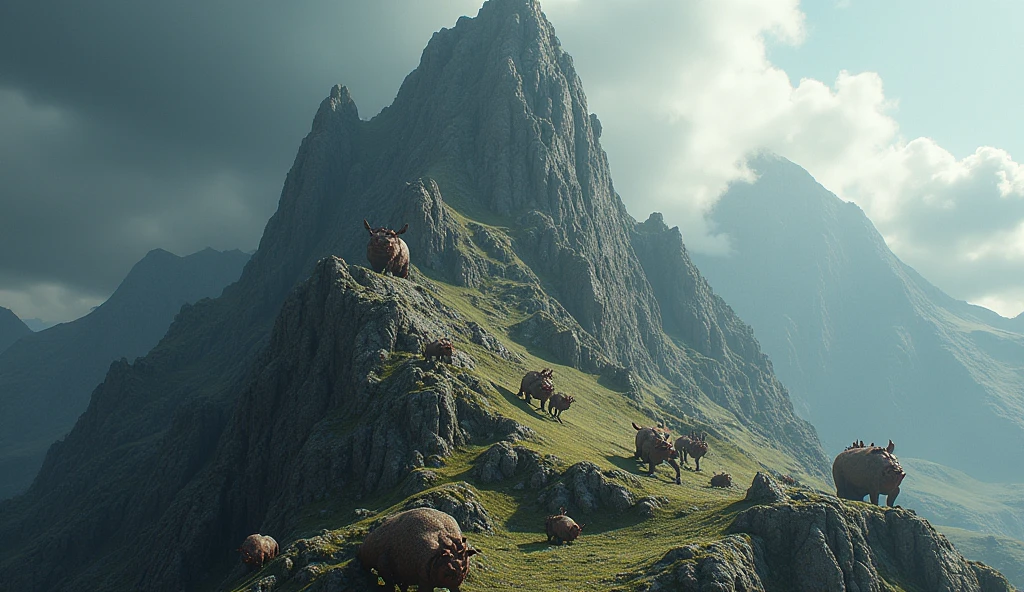 There is a steep mountain,There are different strange beasts on the mountain(best quality,4K,8k,High level,masterpiece:1.2),Ultra Detailed,(lifelike,Photo real,Photo real:1.37)