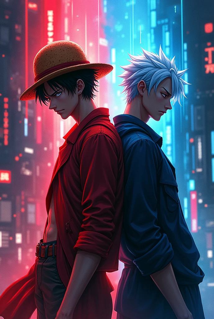 Luffy and gojo satoro jojitso ,one piece cyberpunk , Aura red and Aura blu ,dark energy