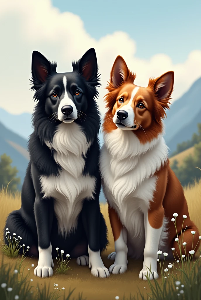 A black and a brown border collie together in a beautiful place