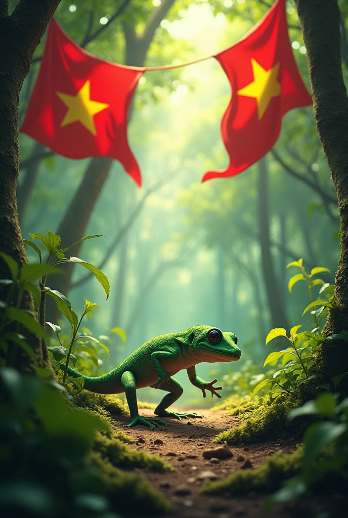 Broken green gecko running in the forest of Vietnamese flags